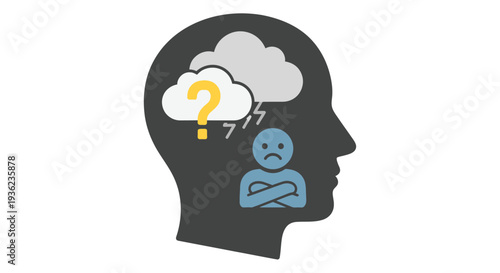 Illustration of a human head silhouette containing clouds a question mark and a sad figure