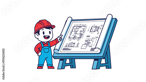 Cartoon Construction Worker Explaining Architectural Blueprint on Easel. Building Design, Engineering, and Planning Concept.