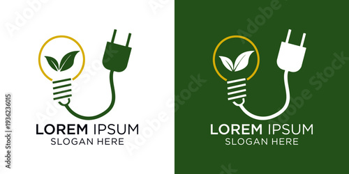 Modern eco friendly energy logo with leaf and plug symbol for sustainable business branding and marketing materials, conveying environmentally friendly and green technology concepts