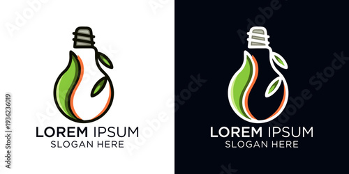 Eco-friendly light bulb logos with leaves and customizable slogans, perfect for businesses promoting sustainability and green energy, conveying innovation and environmental consciousness