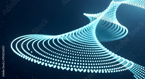 Pola gelombang biru dinamis dengan titik-titik berc bercahaya pada latar belakang gelap.