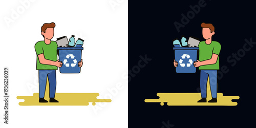 Illustration of a man holding a recycling bin filled with eco friendly waste, promoting sustainability and green living practices.