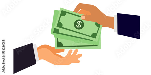 Professionals exchanging cash in a business transaction, symbolizing financial deal and commerce