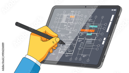 Digital architectural blueprint drawing on tablet with stylus. Engineering design, project planning, and technology concept.