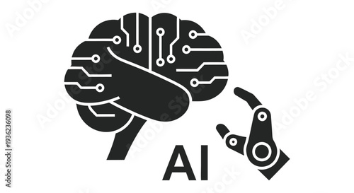 A stylized black brain illustration integrated with robotic components and ai text