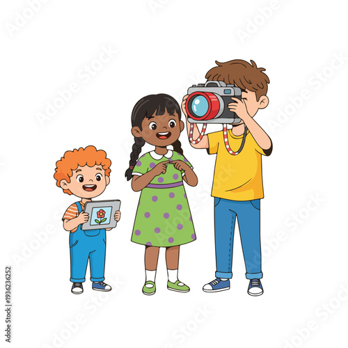 Three diverse children are happily engaged in media-related activities, with one boy taking a photo, a girl posing, and another boy viewing a flower picture on a tablet.