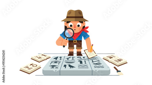 Cartoon Archaeologist Character Studying Ancient Hieroglyphs with Magnifying Glass & Notepad. Historical Discovery Concept.