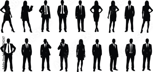Business silhouettes collection featuring male and female professionals in diverse corporate poses, vector illustration symbolizing teamwork, leadership, office fashion, and workplace identity