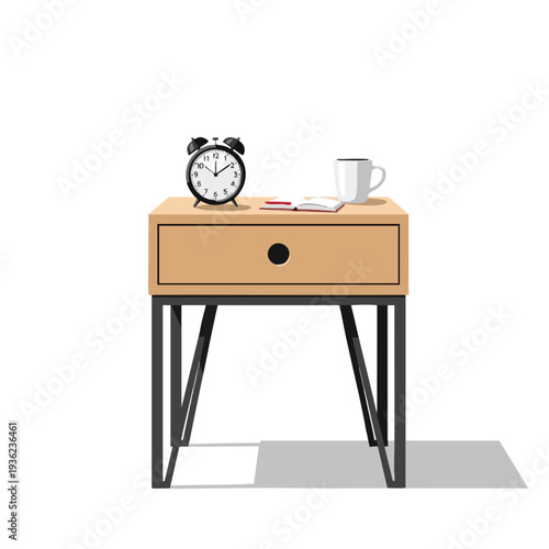 Minimalist Bedside Table with Alarm Clock and Coffee Mug