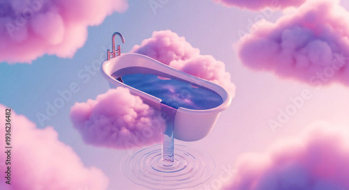 Cloudy bathtub floating in pastel pink sky representing self care  