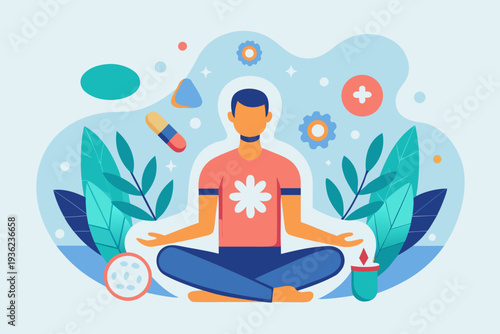 Human figure in a meditative pose surrounded by plants, wellness symbols, and health-related items, illustrating chronic pain management and holistic healing concepts