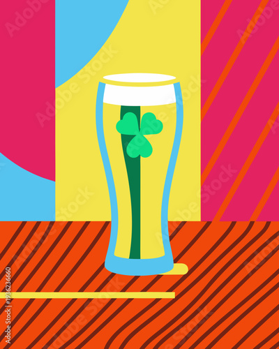 Colorful illustration of a pint glass with a shamrock design an Irish pub bar, set against a vibrant abstract background featuring bold geometric shapes and stripes