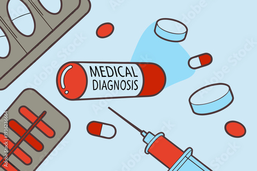 Medical diagnosis pain illustration featuring a red test tube, various pills, a syringe, and a pill organizer on a light blue background