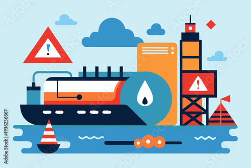 Oil tanker under sanctions with warning symbols and offshore drilling platform in a stylized illustration, featuring safety signs and maritime elements on a blue background