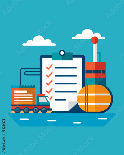 Cargo manifest verification illustration featuring an oil tanker under sanctions, checklist, and cargo truck against a blue background with clouds and industrial elements