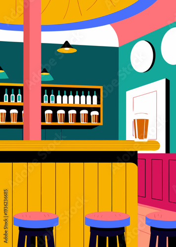Flat vector illustration of an Irish pub bar scene featuring colorful beer taps, a wooden counter, and shelves filled with various bottles in a vibrant interior setting