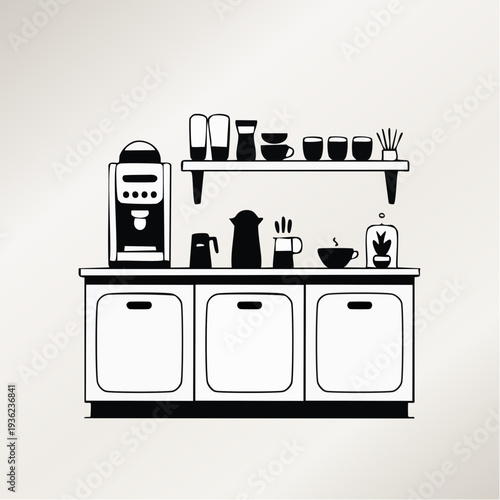 Kitchen counter with coffee machine and appliances illustration.