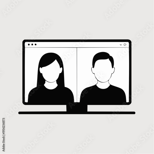 Simple vector illustration of a video conference between two people on a laptop screen.