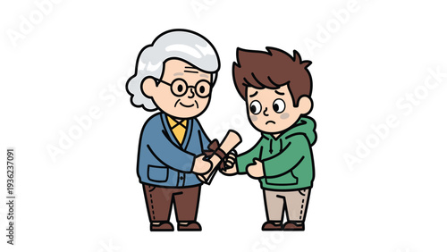 Kind senior person presenting an award certificate or diploma to a young boy. Achievement, recognition, education, mentorship.