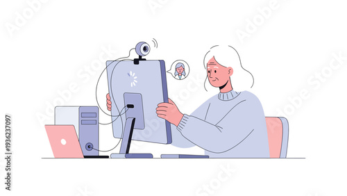 Senior woman setting up computer webcam for video call. Online communication, digital learning, remote work, technology for elderly.