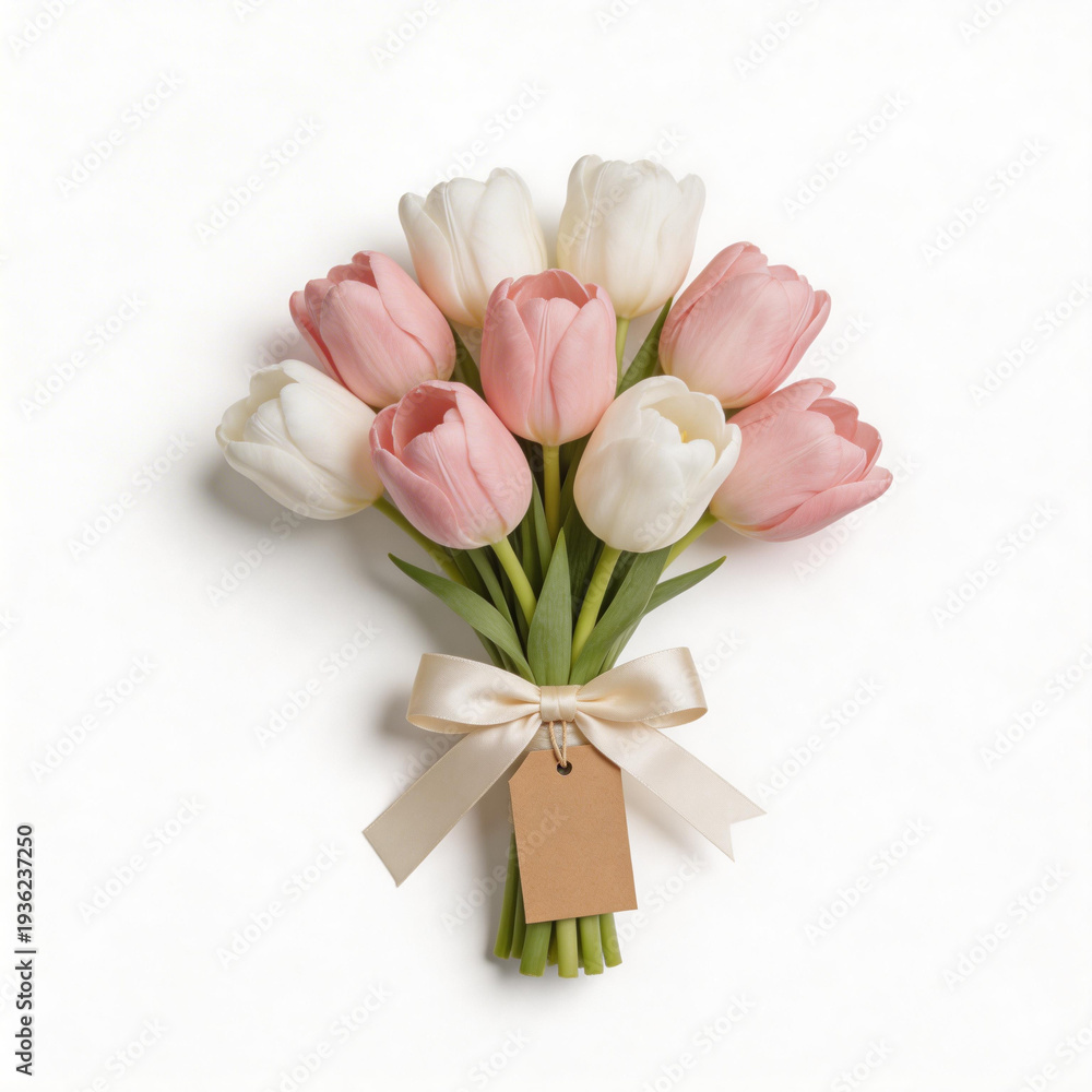 Fototapeta premium Bouquet of pink and white tulips with blank tag. Spring flower gift flat lay
