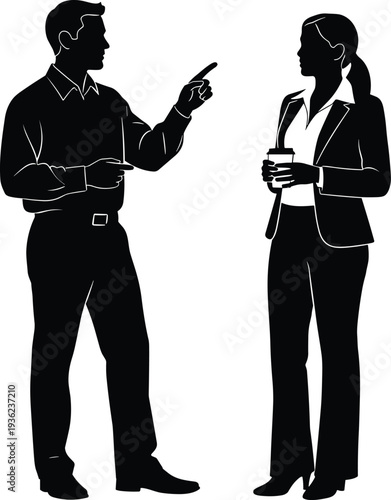 Business silhouettes discussing ideas, professional communication vector illustration, workplace interaction design, modern corporate lifestyle profiles