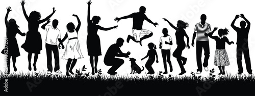 Large collection of happy family and friends silhouettes jumping playing and having fun in a summer park meadow for celebration