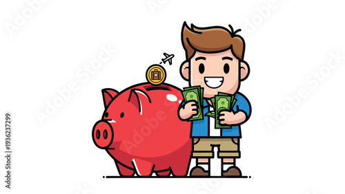 Happy Young Man Saving Money in Piggy Bank. Financial Planning, Investment, and Wealth Growth Concept Illustration.