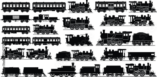 Large set of vintage steam locomotive train silhouettes and railway carriages isolated on white background for transport and industry design