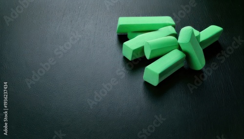 Green chalk pieces on a dark surface, education concept.