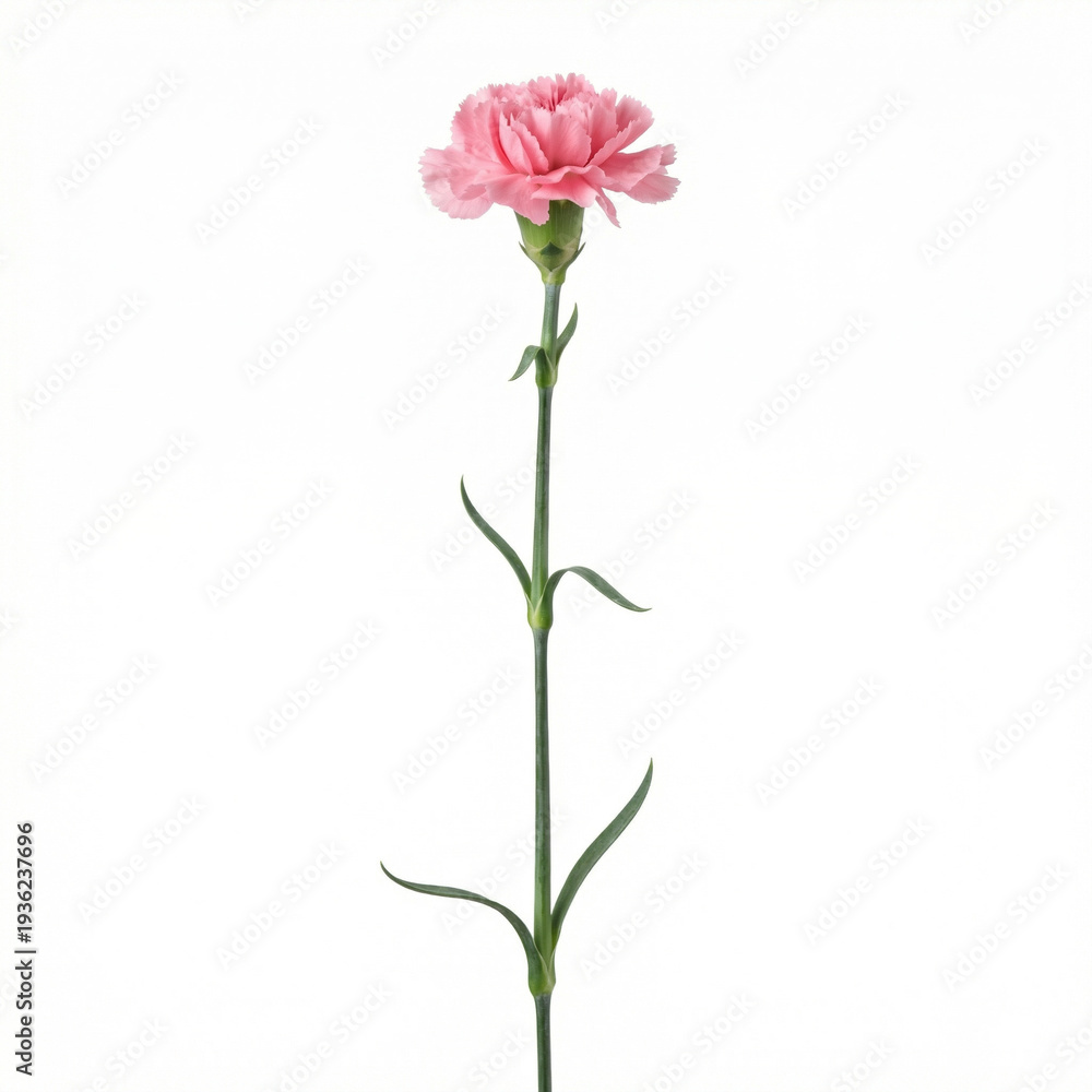 Obraz premium Pink carnation flower on green stem isolated on white background. Vertical floral studio shot for Mother's Day