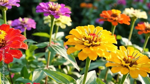 Vibrant red Zinnia flower with water droplets blooming beautifully in a sunny