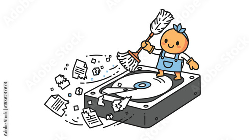 Digital data cleanup concept: Cute character sweeping files off a hard drive for system optimization and decluttering