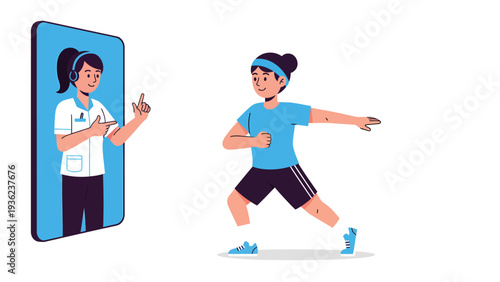 Virtual fitness coaching. Woman exercises guided by online personal trainer on smartphone. Telehealth, digital wellness, and remote workout.