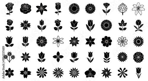 Minimalist Vector Flower Silhouette Icon Set Collection