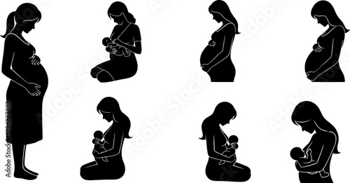 Pregnant Woman Silhouette Set-Motherhood Pregnancy Poses Vector Illustration. isolated on transparent background