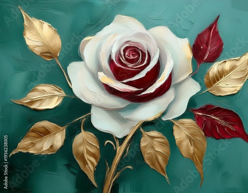 elegant burgundy white rose with greengold leaves in oil painting style with soft pastel turquoise background for modern wall art decor vintage background with roses