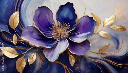 elegant decorative dark blue and light purple flower with golden details and light marbel background in 3d oil painting style for modern interior and digital wallpaper design