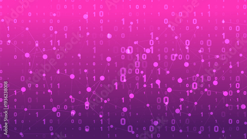 Digital background with a network of connected dots and flowing binary code numbers 0 and 1. Abstract illustration of big data, cyberspace, and technology.