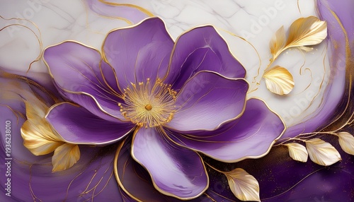 elegant decorative purple flower with golden details and light marbel background in 3d oil painting style for modern interior and digital wallpaper design
