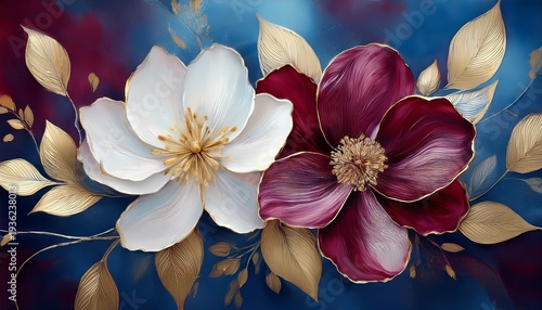 elegant decorative soft pastel burgundy and white flower with gold accents and cobalt blue leaves on background in 3d oil painting style for modern wall art and interior design