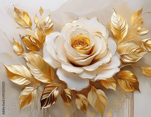 elegant white and gold floral oil painting with soft pastel background for modern wall art decor beautiful yellow rose with golden leaves and flowers