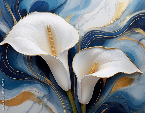 elegant decorative soft pastel white and blue calla flower with gold accents and marble background in 3d oil painting style for modern wall art and interior design