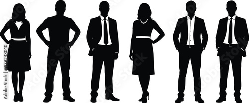 Business silhouettes of diverse professionals standing together, formal attire, teamwork and workplace diversity illustration for creative vector design projects