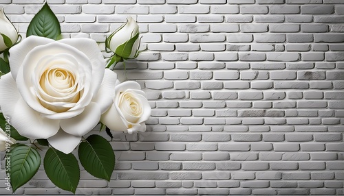 elegant white rose wallpaper on light gray brick wall white flowers on a brick background
