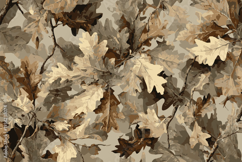 Seamless woodland camouflage pattern featuring realistic autumn oak leaves, dry branches, and forest textures in earthy tones of brown, orange, and olive green; ideal for hunting gear