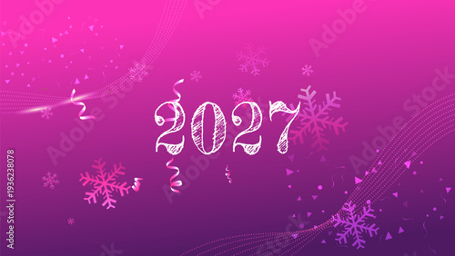 Festive background for New Year 2027. Features stylized text, snowflakes, and confetti on a pink and purple gradient. Ideal for banners or greeting cards.