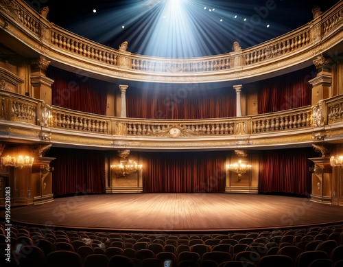 empty stage with spotlight and ornate balconies in a theater