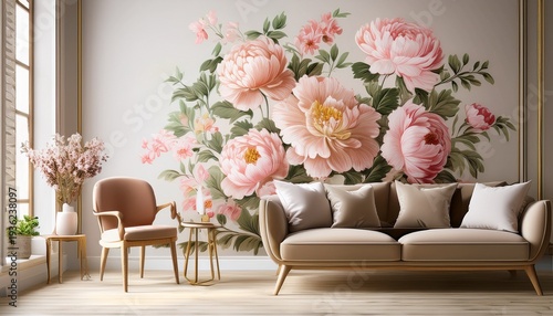 floral wallpaper living room interior background mockup interior with flowers and chair