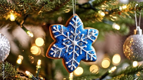 A festive blue snowflake gingerbread cookie hangs on a decorated Christmas tree